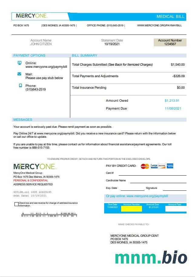 Szablon rachunku medycznego USA Iowa MercyOne w formacie Word i PDF
